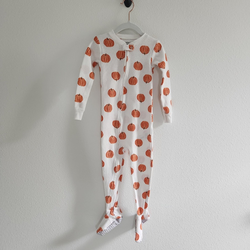 Toddler size 3T Pumpkin Footed Pajamas White Orange Waffle Knit Zip Up‎